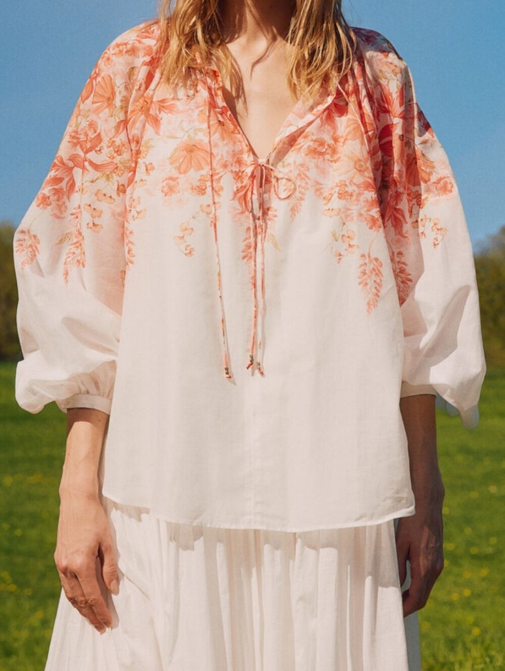 NWT- H&M White Peasant Blouse with Coral Floral Yoke- Sz S